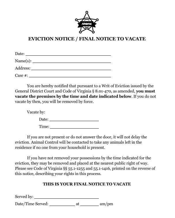 Sample blank sheriff's eviction notice.