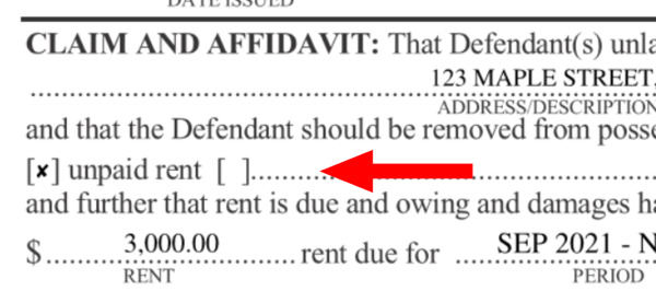 Arrow showing where the summons says the legal reason for requested eviction.